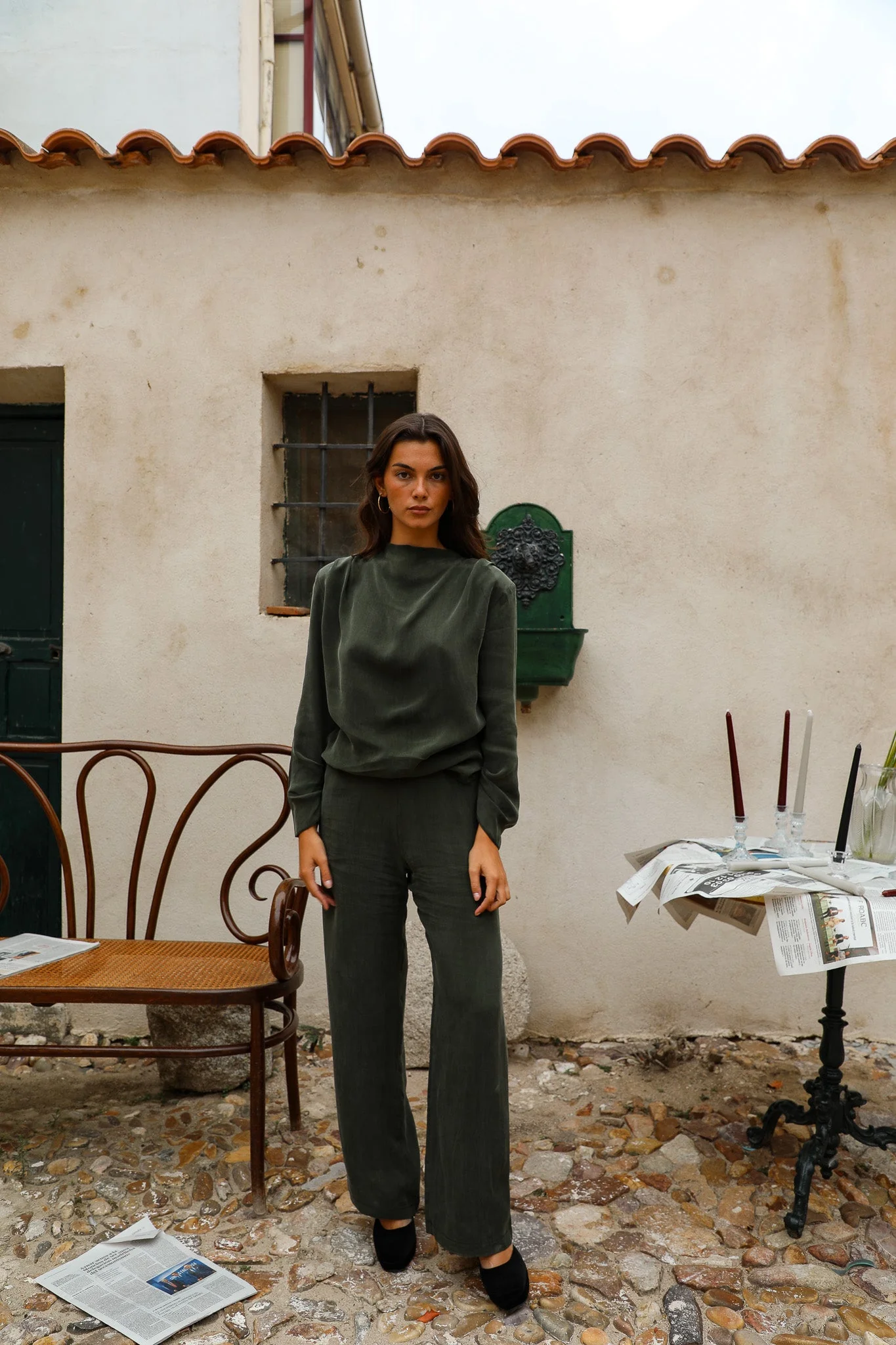 Draped Cupro Blouse Olive Green - Image 3