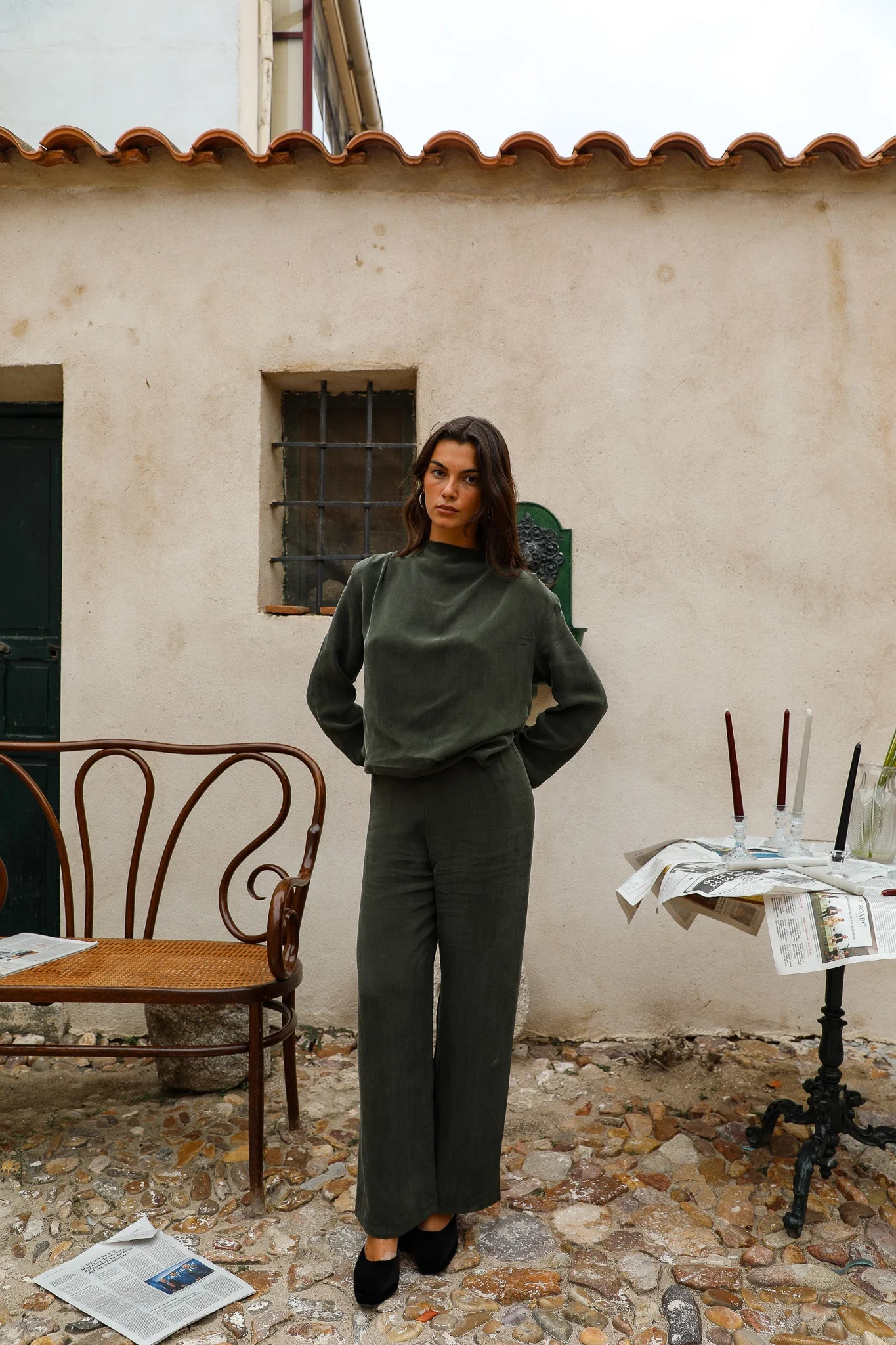 Draped Cupro Blouse Olive Green - Image 4