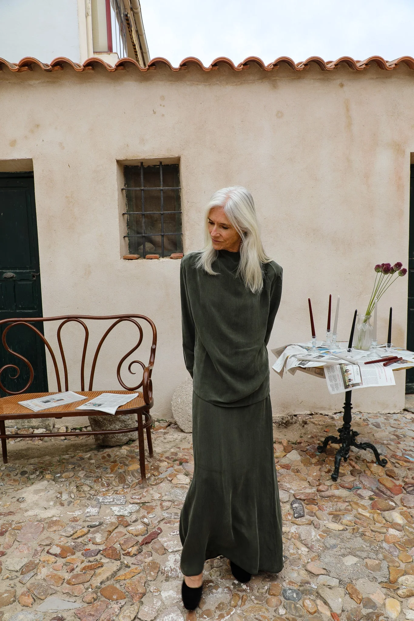 Draped Cupro Blouse Olive Green - Image 5