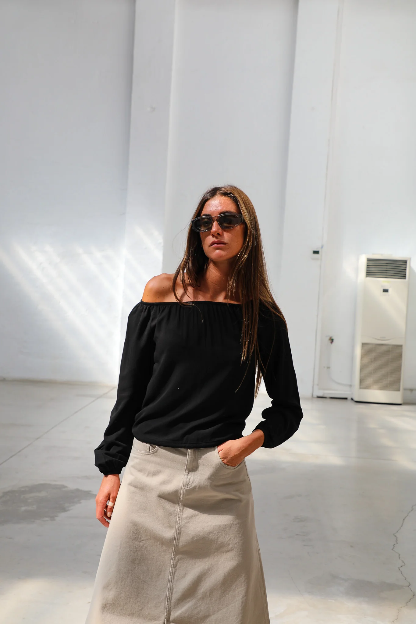 Off-Shoulder Tencel Blouse Black - Image 11