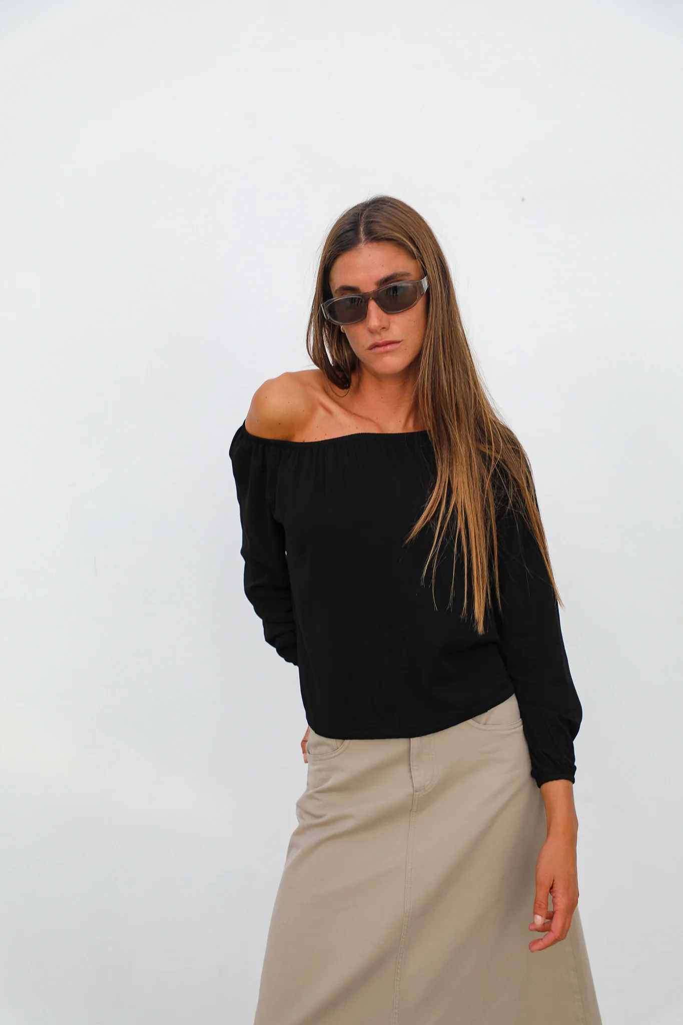 Off-Shoulder Tencel Blouse Black - Image 4