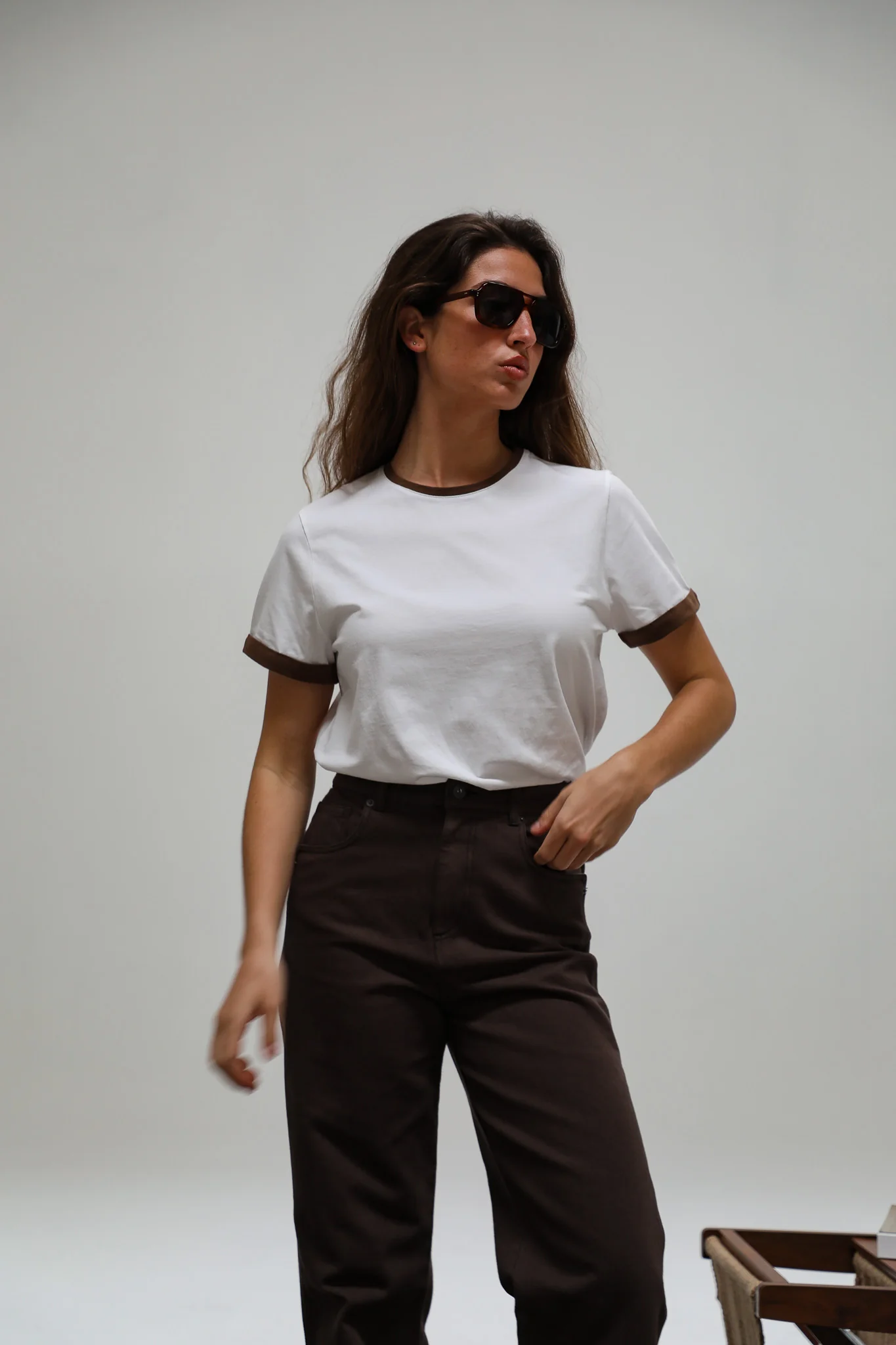 Short Ringer T-Shirt Brown & White - Image 5