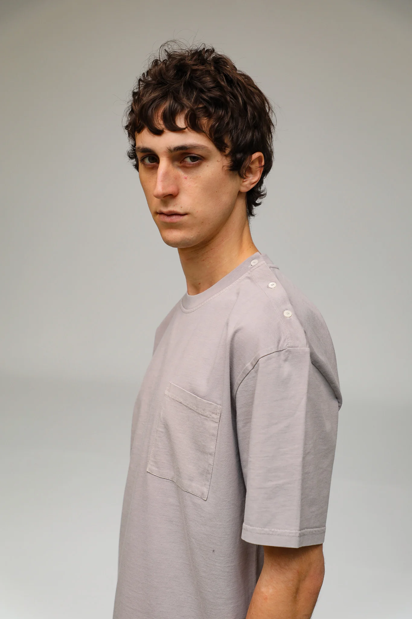 Trendy Side Buttons T-Shirt Light Grey - Image 4